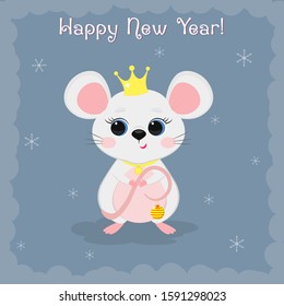 Year of the steel rat 2020. Merry Christmas and Happy New Year. Cute mouse, rat princess in a crown with a medallion on a blue background of snowflakes. Cartoon, flat style, vector.