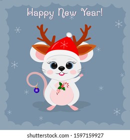 Year of the steel rat 2020. Merry Christmas and a happy new year. Cute mouse, rat Santa hat deer horns holding a lollipop on a blue background of snowflakes. Cartoon, flat style, vector.