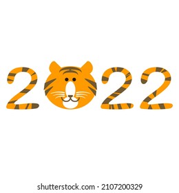 Año del Tigre 2022. Cara de tigre de caricatura con caligrafía de 2022. Feliz año nuevo elemento de diseño sobre blanco.