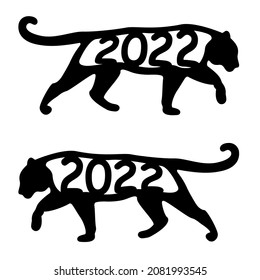 The year of the tiger 2022 to the eastern lunar calendar. Silhouette of New Year s tiger. Isolated vector illustration for printing, postcards.