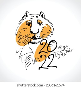Year of the Tiger 2022. Hand draw doodle 2022 logo. Year of the tiger Zodiac symbol. Chinese New Year Greeting Card. Pattern tiger vector illustration.  