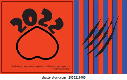 El año del tigre es 2022. Ilustraciones para imprimir. Una combinación de colores azul, naranja y negro. Impresión vectorial. fondo del calendario. Tarjeta de felicitación de Año Nuevo. Pata del tigre.