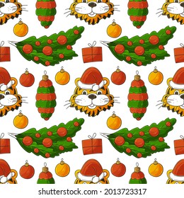 Year of the tiger 2022. Seamless vector pattern with the heads of tigers in Christmas hats, Christmas trees. Pattern in hand draw style