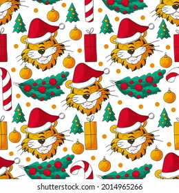 Year of the tiger 2022. Seamless vector pattern with the heads of tiger. Can be used for fabric, packaging, wrapping paper and etc