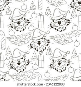 Year of the tiger 2022. Seamless vector pattern with the heads of tiger. Can be used for fabric, packaging, wrapping paper and etc