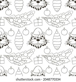 Year of the tiger 2022. Seamless vector pattern with the heads of tigers in Christmas hats, Christmas trees. Pattern in hand draw style