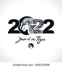 Year of tiger 2022. Vector template with the inscription 2022 and Tiger. Imitation of painting with brush. New Year on the Chinese calendar. Black Tiger Zodiac symbol. Chinese New Year.