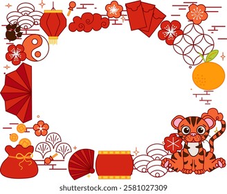 year of Tiger 2034 Chinese New Year template oval frame featuring traditional Chinese borders and a Tiger, celebrating the Year of the Tiger with festive elements. Vector graphic line
