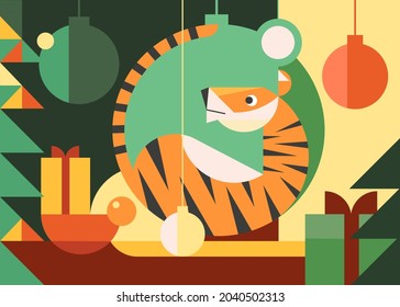 Year of the Tiger banner. Holiday postcard design in flat style.
