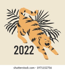 Year of The Tiger calendar template with stretching tiger, palm leaves, and 2022 number. Vector cartoonish flat design over old paper colored background.