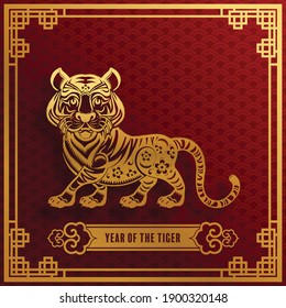 Year of the tiger for chinese new year 2022,2034 or chinese fastival , lucky zodiahc lucky of the year red and gold paper cut with craft style on background.