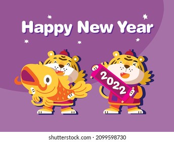 Year of the tiger. Chinese New Year greeting card design with 2 tigers holding a fish and a 2022 banner.