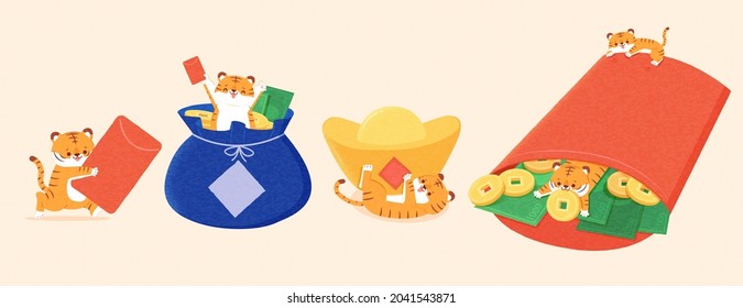 Year of Tiger elements. Little tiger holding red envelope in hand, another popping up out of money bag and the other playing around with gold ingot. While some are hiding around red envelope