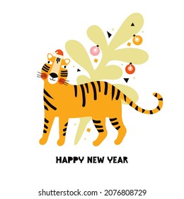 Year of the Tiger.  Funny tiger in a Santa Claus hat next to the Christmas tree. Happy New Year greeting card, banner or poster. Template with congratulatory text.  Hand drawn  flat  illustration 