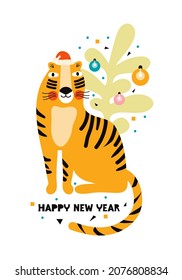 Year of the Tiger.  Funny tiger in a Santa Claus hat next to the Christmas tree. Happy New Year greeting card, banner or poster. Template with congratulatory text.  Hand drawn  flat  illustration 