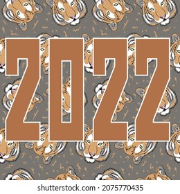 Year of the tiger. Seamless pattern. New Year. 2022. Vector. Background for gifts. Package. Textile. Interesting with tigers. 