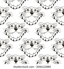 Year of the tiger. Seamless vector pattern with tigers faces. 2022. Can be used for fabric, packaging, wrapping and etc