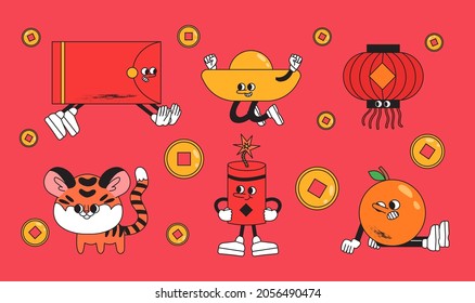 Happy Chinese New Year Cute Sticker Set. Vector Art & Graphics