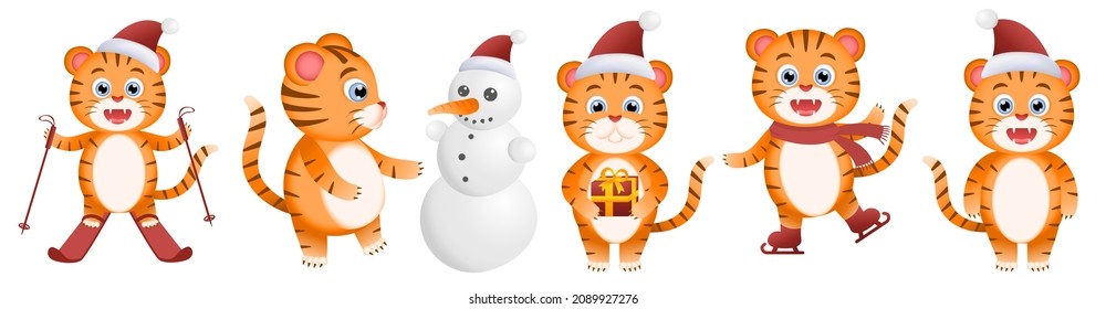 Year of the tiger, symbol of Chinese New Year 2022.  
Snowman wearing hat.  
Smiling cartoon skier. 
Set of cute tiger. Vector illustration for postcard, banner, web, decor, design, arts, calendar.