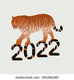 Year of the tiger vector illustration for Chinese New Year 2022. Zodiac tiger character, Chinese horoscope, happy new year 2022 with tiger stripes. 