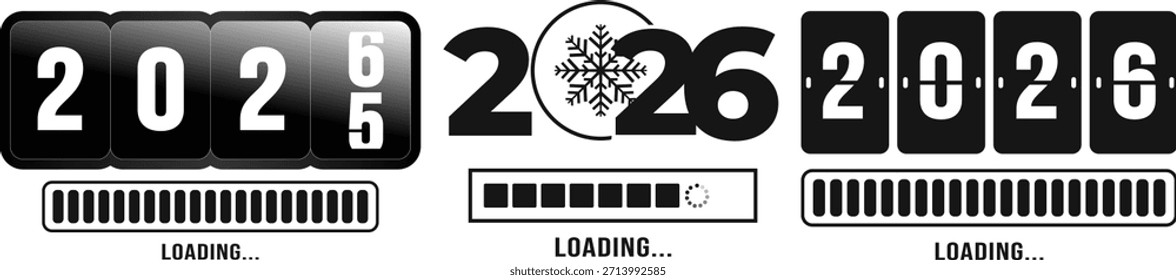 Gráficos de transição de ano ilustram a chegada iminente de 2026 a partir de 2025 usando três estilos distintos de flip clocks digitais e barras de progresso de carregamento acompanhantes, significando atualizações do sistema ou contagem