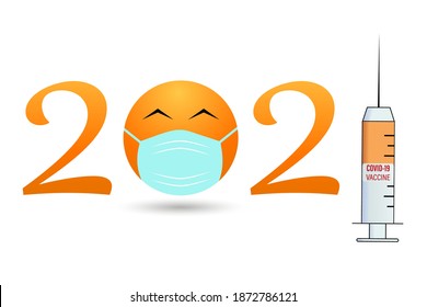 Year of the vaccine, 2021 banner template with the symbol of 2021 from a smiley face in a mask and a syringe for the covid-19 vaccine. The covid-19 pandemic vaccine concept, available in 2021.