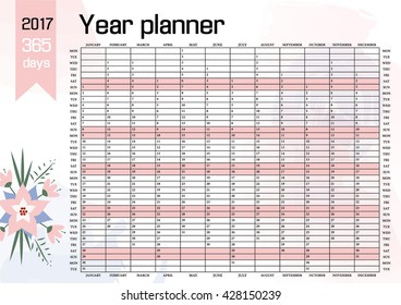 Year Wall Planner. Plan out your whole year with this 2017 Wall Year Planner.  Calendar   Template. Vector Design  
