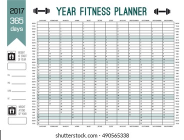 Year Wall Planner template. Plan out your  whole fitness year with this calendar.  Vector Design for fitness, sport and diet.