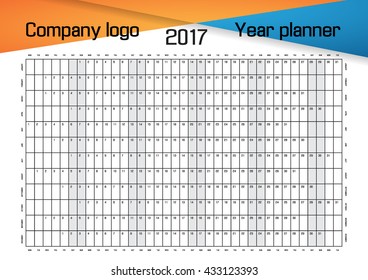 Year Wall Planner.   Yearly Wall Calendar 2017 Template. Vector Design 