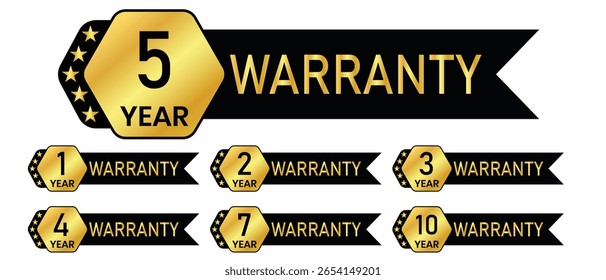 Year warranty Banner Label Sign Vector Design, Warranty labels for 1, 2, 3, 4, 5, 7 and 10 years, black and gold warranty labels. 1 to 10 years warranty in hexagon  vector product quality sticker. 
