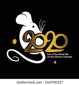 Year of the White Metal Rat on the Chinese Calendar. Golden 2020 logo design on a black background. Vector template metal stamp with the inscription 2020 and Rat.