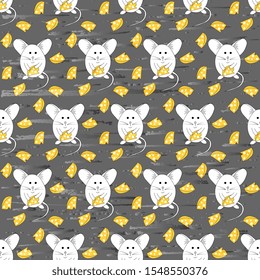 Year of the White Metal Rat. Seamless vector pattern of happy rats with cheese on a gray background, textured with gradient, artistic.