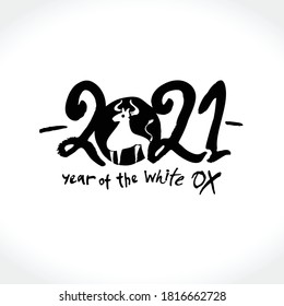 Year of the white Ox in Chinese zodiac. Black ink brush calligraphy symbol of the year 2021. Vector element for New Year's design in flat style. Illustration of 2021 year of the Ox.
