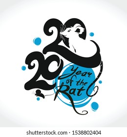 Year of the White Rat 2020 on the Chinese Calendar. New Year greeting template. 2020 calligraphy and mouse. Vector Illustration.