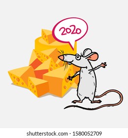 Year of the white rat. Mouse, rodent, rat with a large piece of cheese. 2020. Vector illustration.