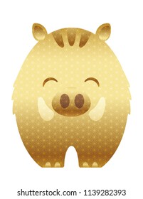 Year of the Wild Boar gold icon with Japanese traditional pattern for New Year’s greeting cards, vector illustration.