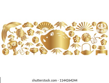 Year of the Wild Boar icon and other Japanese traditional lucky charms to celebrate the New Year, vector illustration.