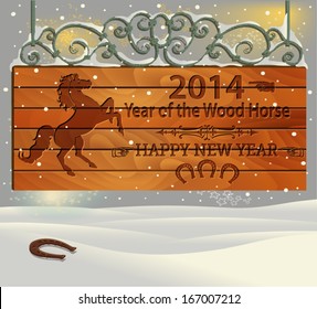 Year of the Wood Horse - Happy New Year wood board signpost, with wrought iron on top and embossed greetings and Chinese zodiac symbols, including horse icon and horseshoes