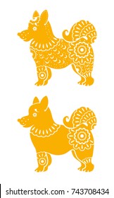 Year of The Yellow Dog. Vector template two stylized dogs with ornament. Chinese New Year.