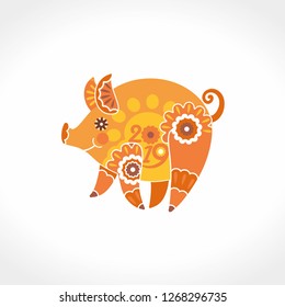 Year of The Yellow Pig. Beautiful sunny pig. Decorative symbol 2019. Chinese New Year vector pattern with a stylized ornamental pig.