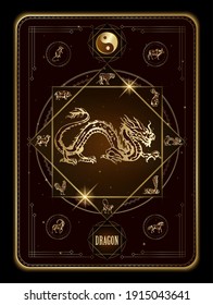 Year of the zodiac dragon, Zodiac cards Chinese twelve animals. astrological oriental zodiacal symbols. Vector EPS10 illustration