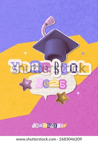 Yearbook cover design for Class of 2026. Congratulations Graduates template for banner, invitation, greeting card. Graduation ceremony halftone collage design with Graduation Cap. Textured vector