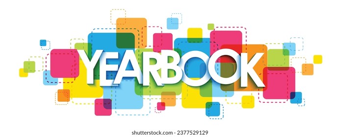 YEARBOOK white vector typography banner on background of colorful squares