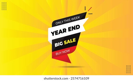 Year-End Big Sale Editable Banner Template! Eye-catching black, white, red shapes, bold yellow white font, vibrant yellow-orange abstract background. Perfect for promotions. EPS format included!