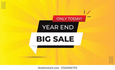 Year-End Big Sale! Editable sticker icon label in EPS format. Banner template with black-red gradient, bold white font, yellow-orange abstract accents, and hot background for promotions