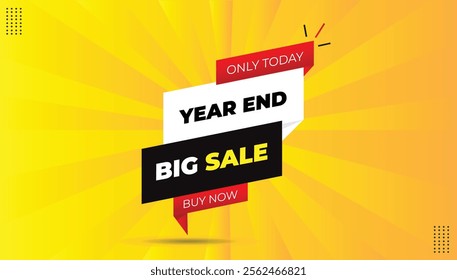 Year-End Big Sale Editable Sticker Icon Label! Buy Now, Only Today! Banner template design in EPS format with bold yellow-white fonts, black-red gradient, orange abstract background, hot sale vibes!