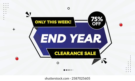 Year-End Clearance Sale Banner – 75% Off Only This Week! Editable Template with Element Shapes in Yellow, Black, Purple, White and Gradient Background