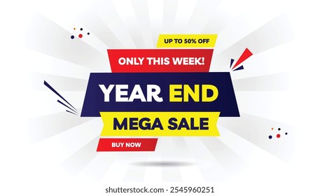 Year-end mega sale editable banner template design with light yellow and dark blue gradient, white background, red shapes, offering up to 50% off – buy now, only this week, perfect for promotion