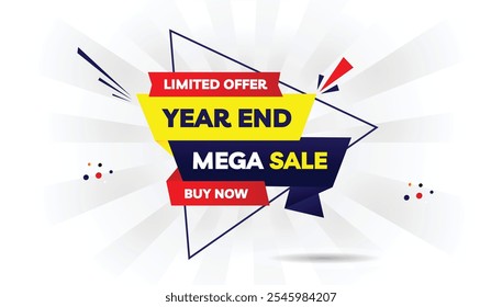 Year-end mega sale limited offer editable banner template design with light yellow and dark blue gradient, white background, and red shapes perfect for promoting discounts, buy now deals, and offers