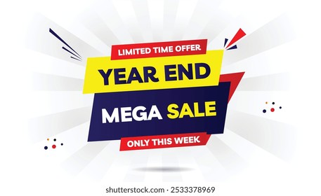 Year-end mega sale limited time offer editable banner template design with light yellow and dark blue gradient, white background, and red shapes perfect for promotions, discounts, and special offers